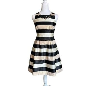 Eliza J Black White Gold Striped A-Line Jewel Dress Size 2P